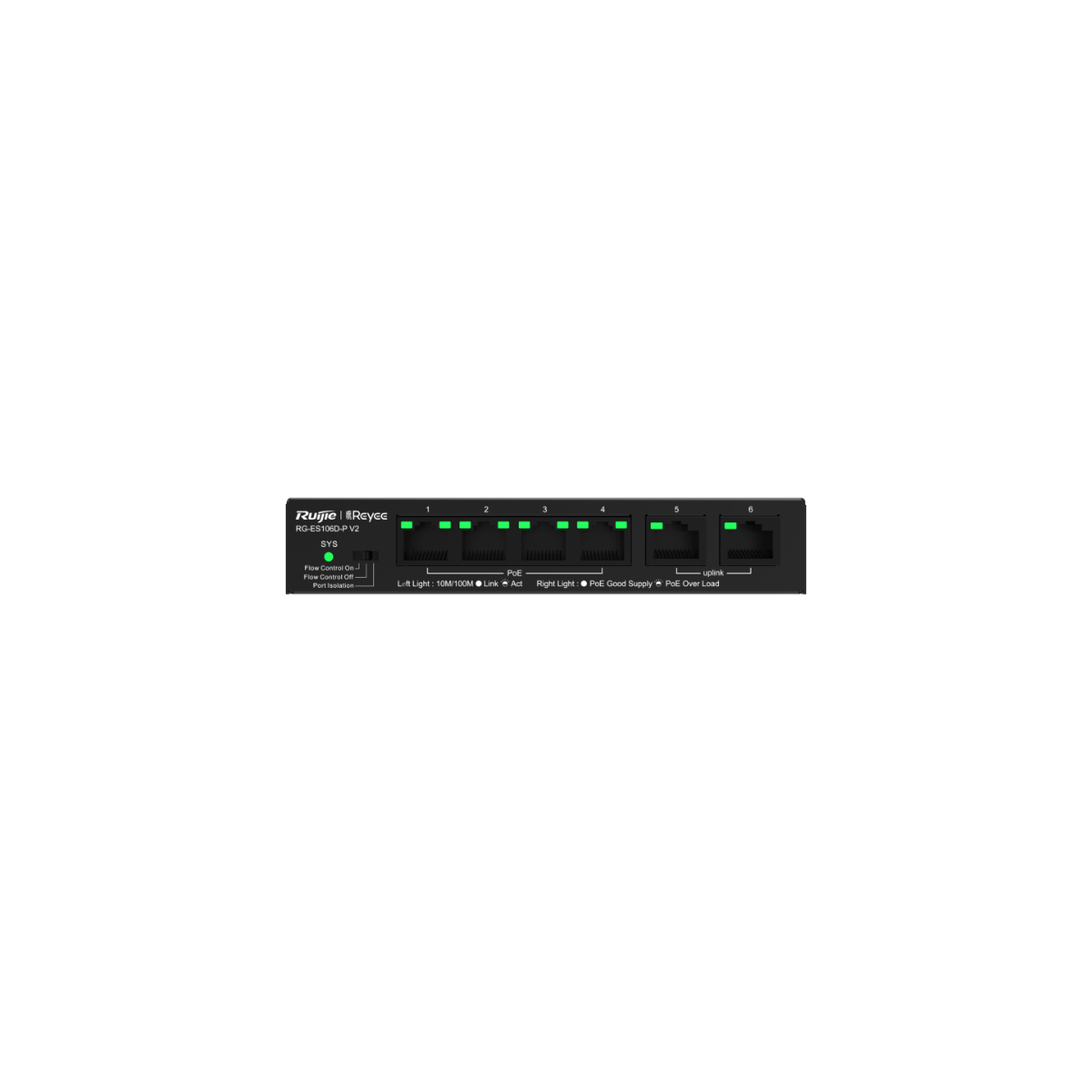 6-Port 10/100Mbps desktop unmanaged PoE switch Unmanaged switch, which is visible on Ruijie Cloud APP Large buffer for smooth data transmission High network reliability High-quality design Adaptation to various scenarios